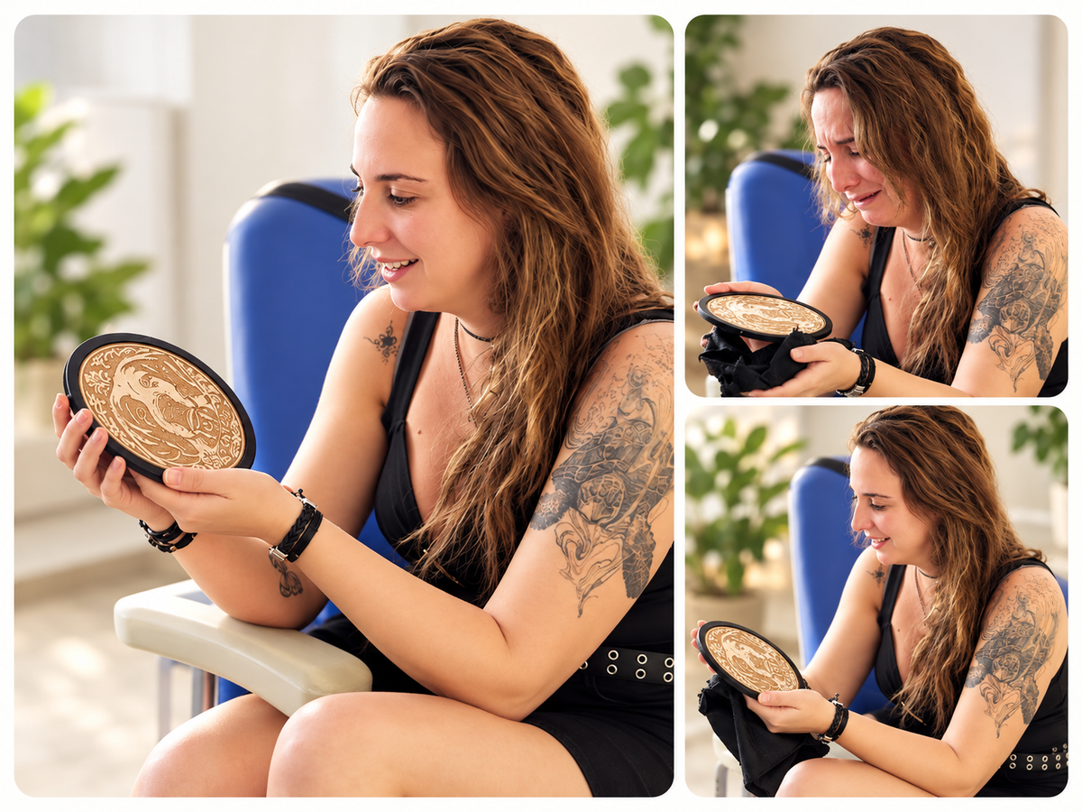 Alba, emocionada, sostiene su retrato grabado en madera