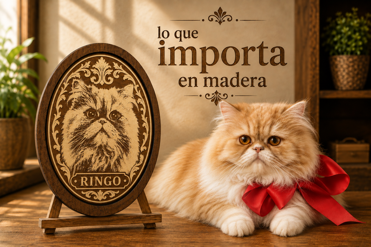 Retrato de mascota grabado en madera, con el nombre Ringo, sobre un caballete junto a un gato con lazo rojo, con el texto «lo que importa en madera»