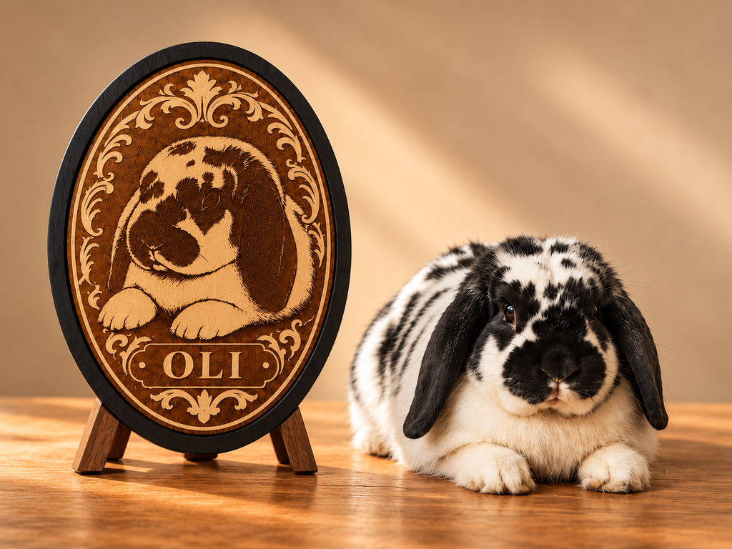 Retrato de conejo grabado en madera con el nombre Oli, en marco ovalado negro, junto al conejo