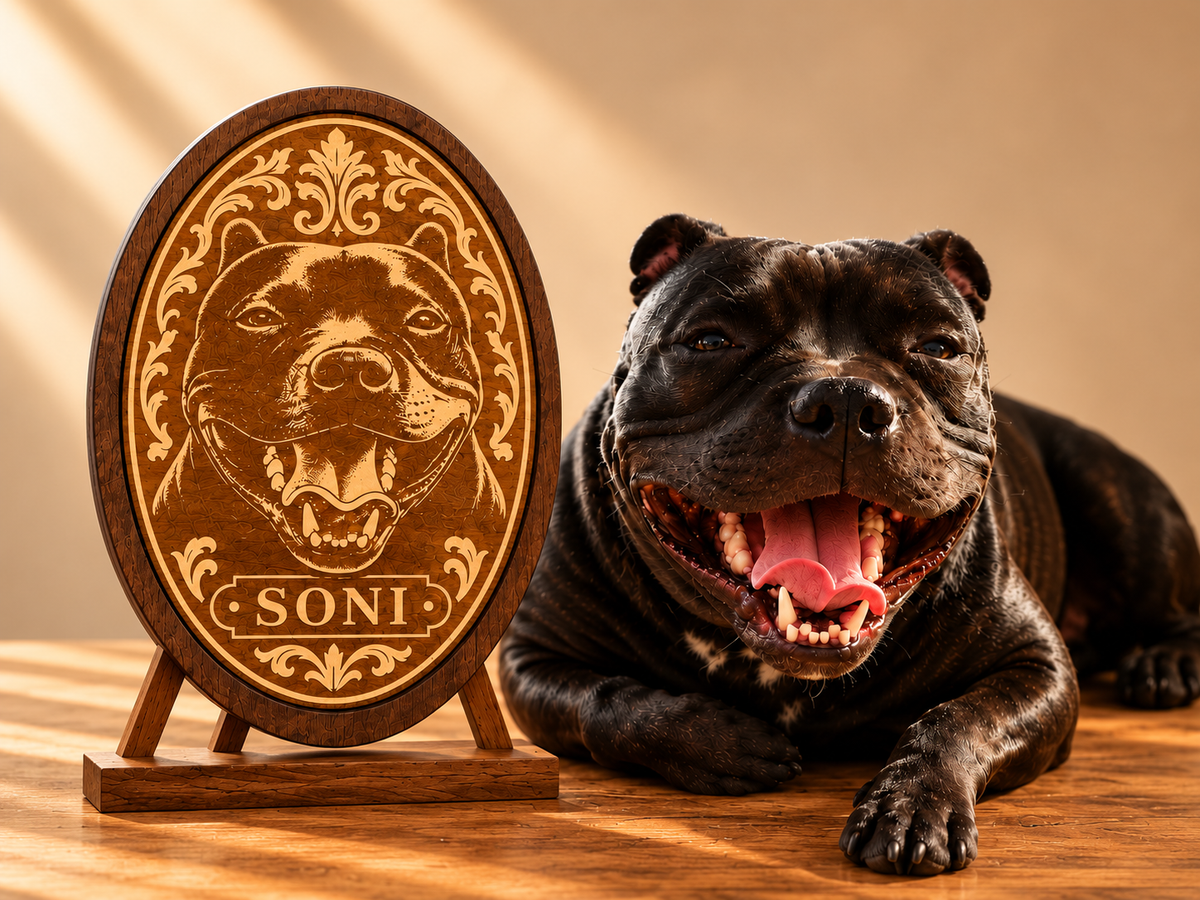Retrato de perro grabado en madera con el nombre Soni, sobre una peana junto al perro
