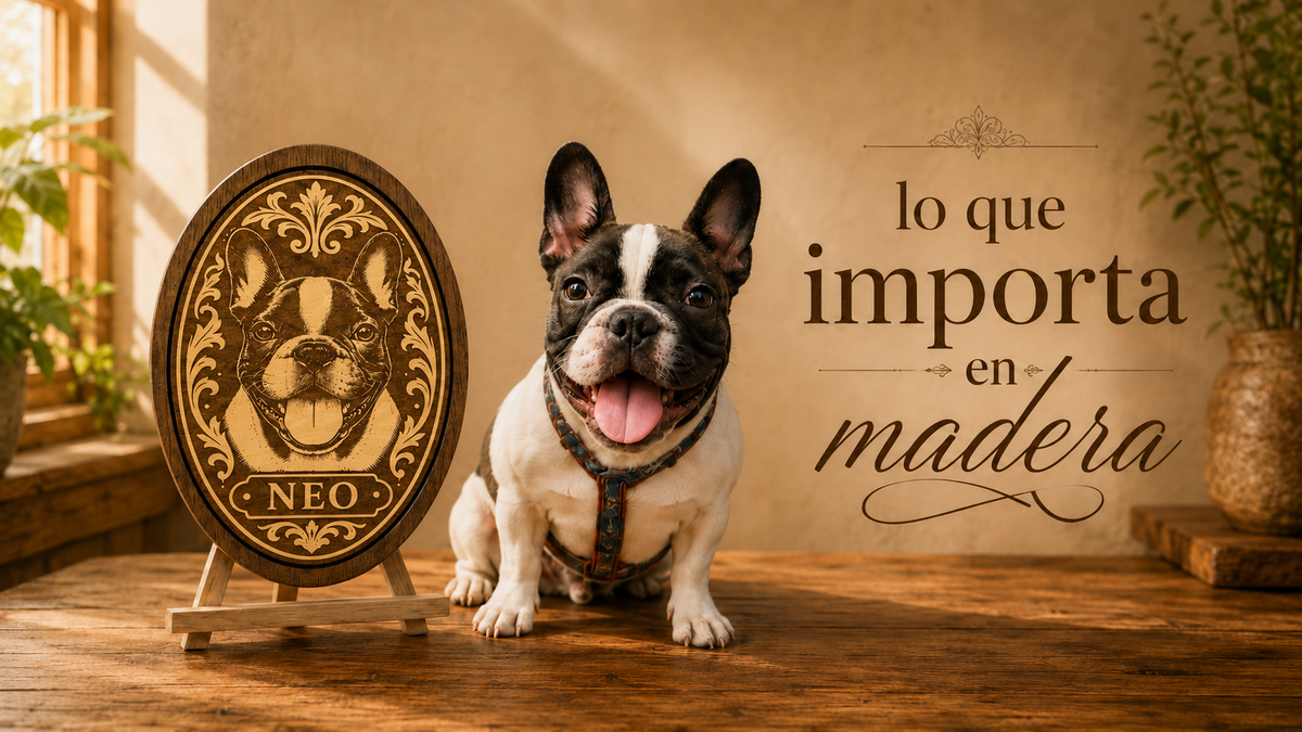 Retrato de un bulldog francés grabado en madera, junto al perro, con el texto «lo que importa en madera»