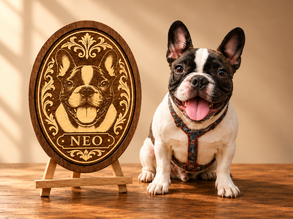 Retrato de bulldog francés grabado en madera con el nombre Neo, sobre un caballete junto al perro