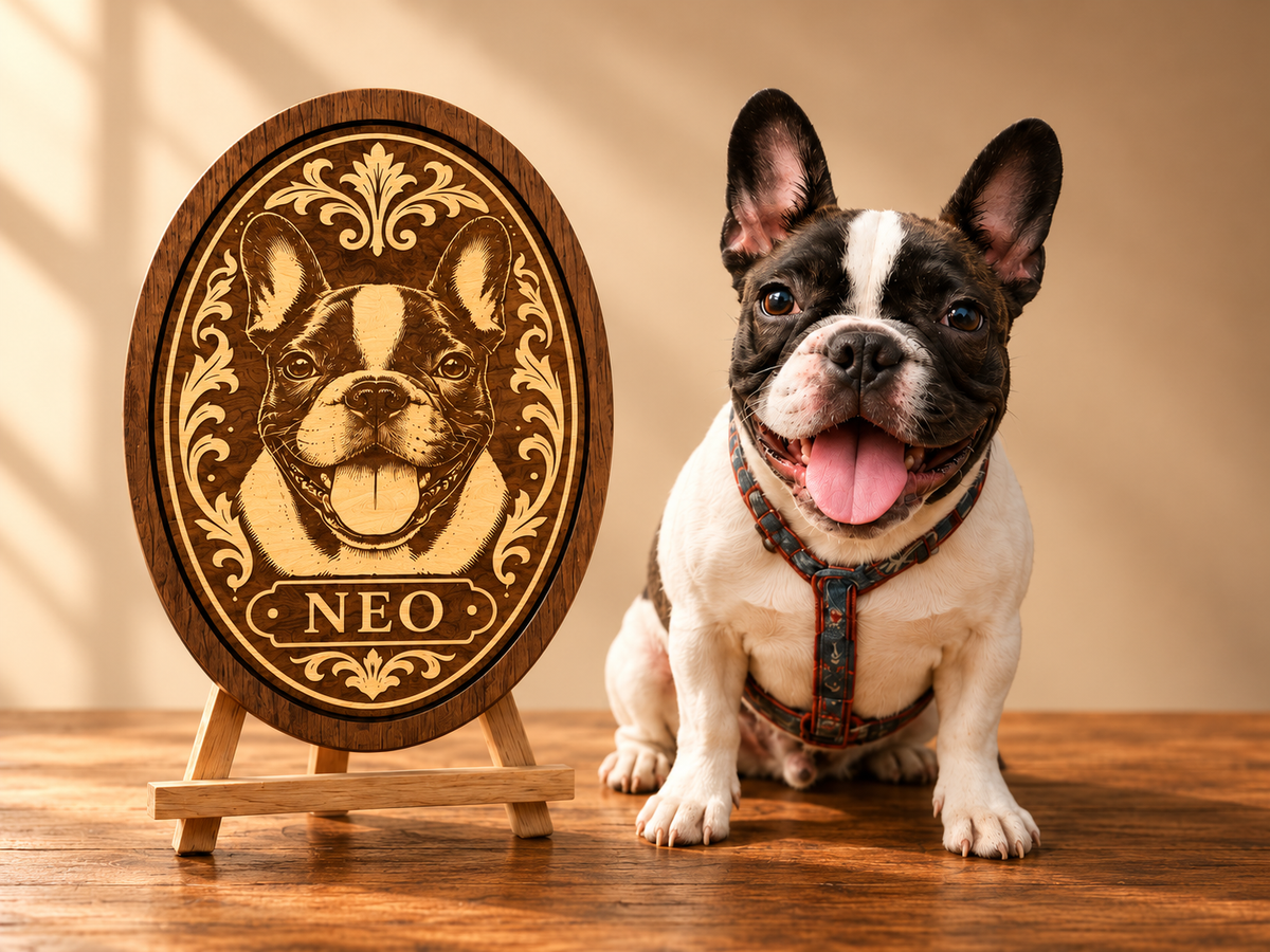 Retrato de bulldog francés grabado en madera con el nombre Neo, sobre un caballete junto al perro