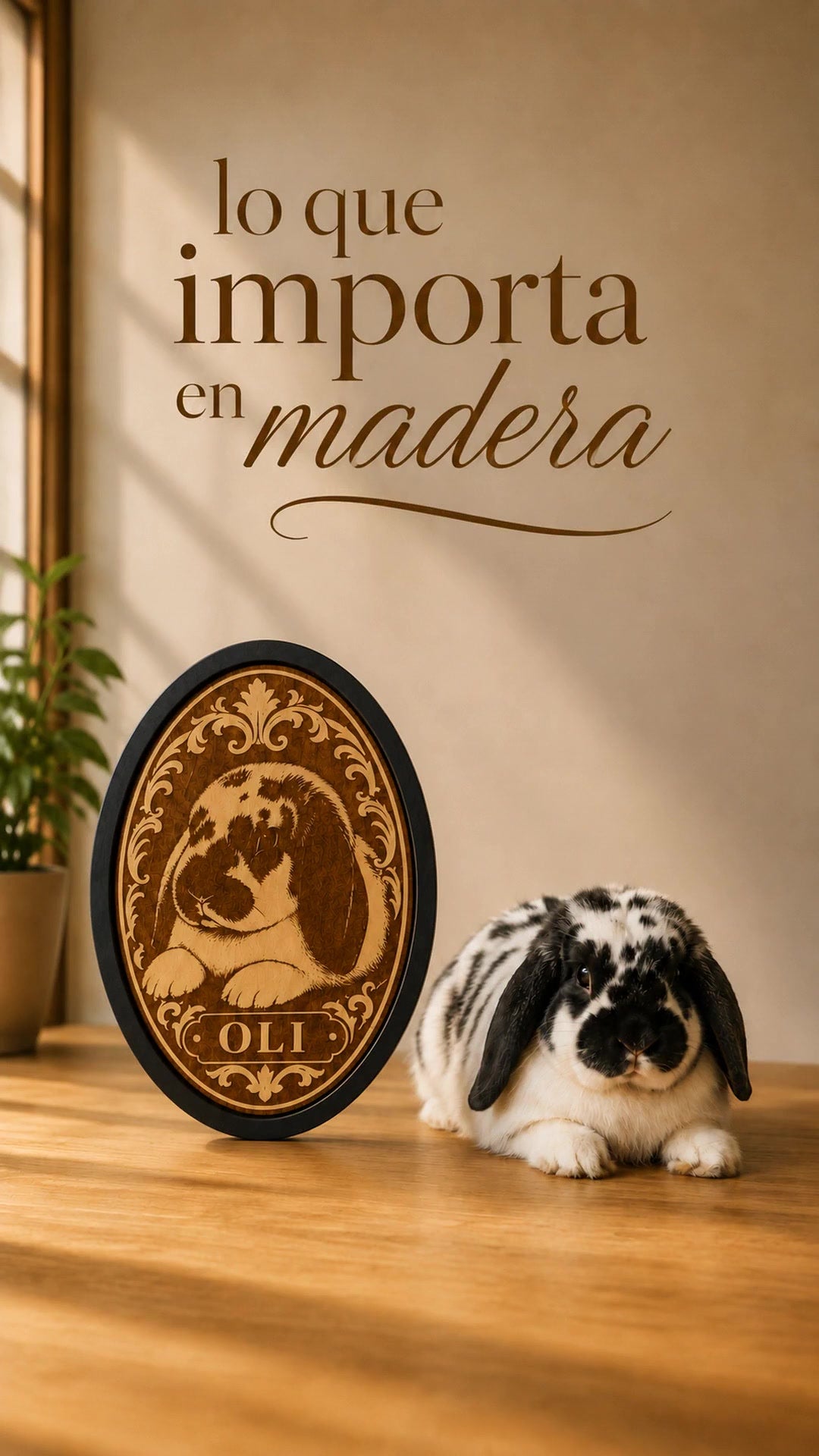 Retrato de mascota grabado en madera junto a su mascota, con el texto «lo que importa en madera»